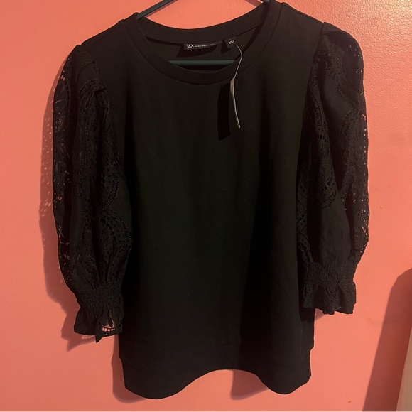 New York & Company Tops - New York & Company Black Lace Puff Sleeve Blouse
